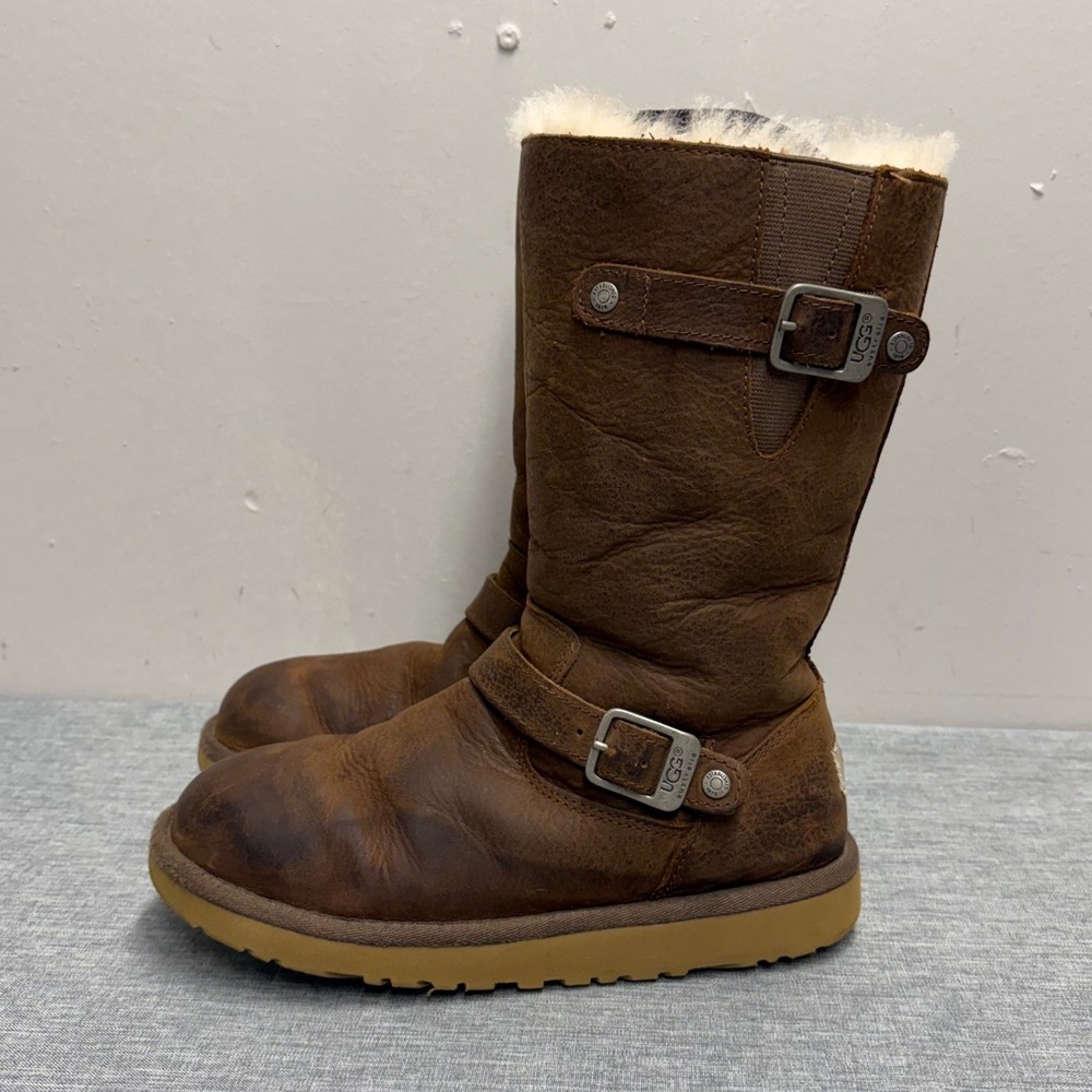 UGG Kensington Boots Women 3 Brown 1969 Bomber Leather Shearling Moto Buckle